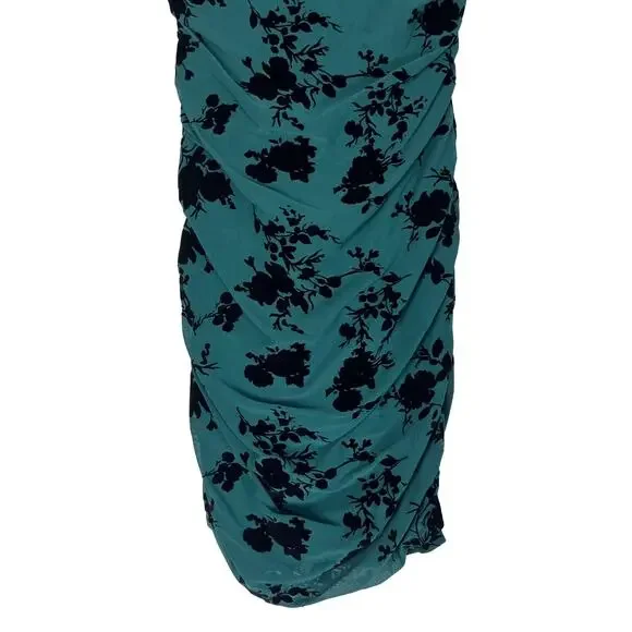 Dear Moon Green Burnout Velvet Floral Ruched Midi Dress Puff Sleeve Goth Holiday - Picture 4 of 7